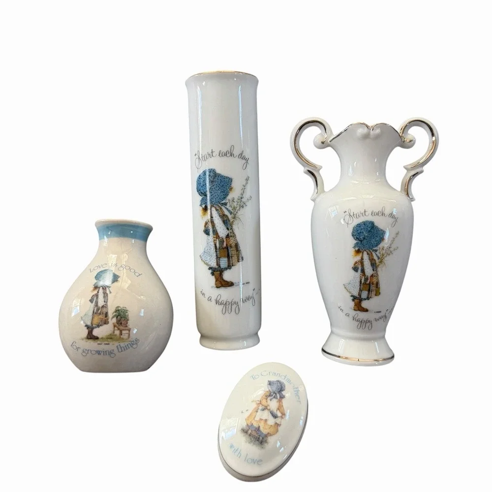 4 Vintage Holly Hobbie Trinket Box Bud Vases Japan USA 1980s Stonewear Porcelain